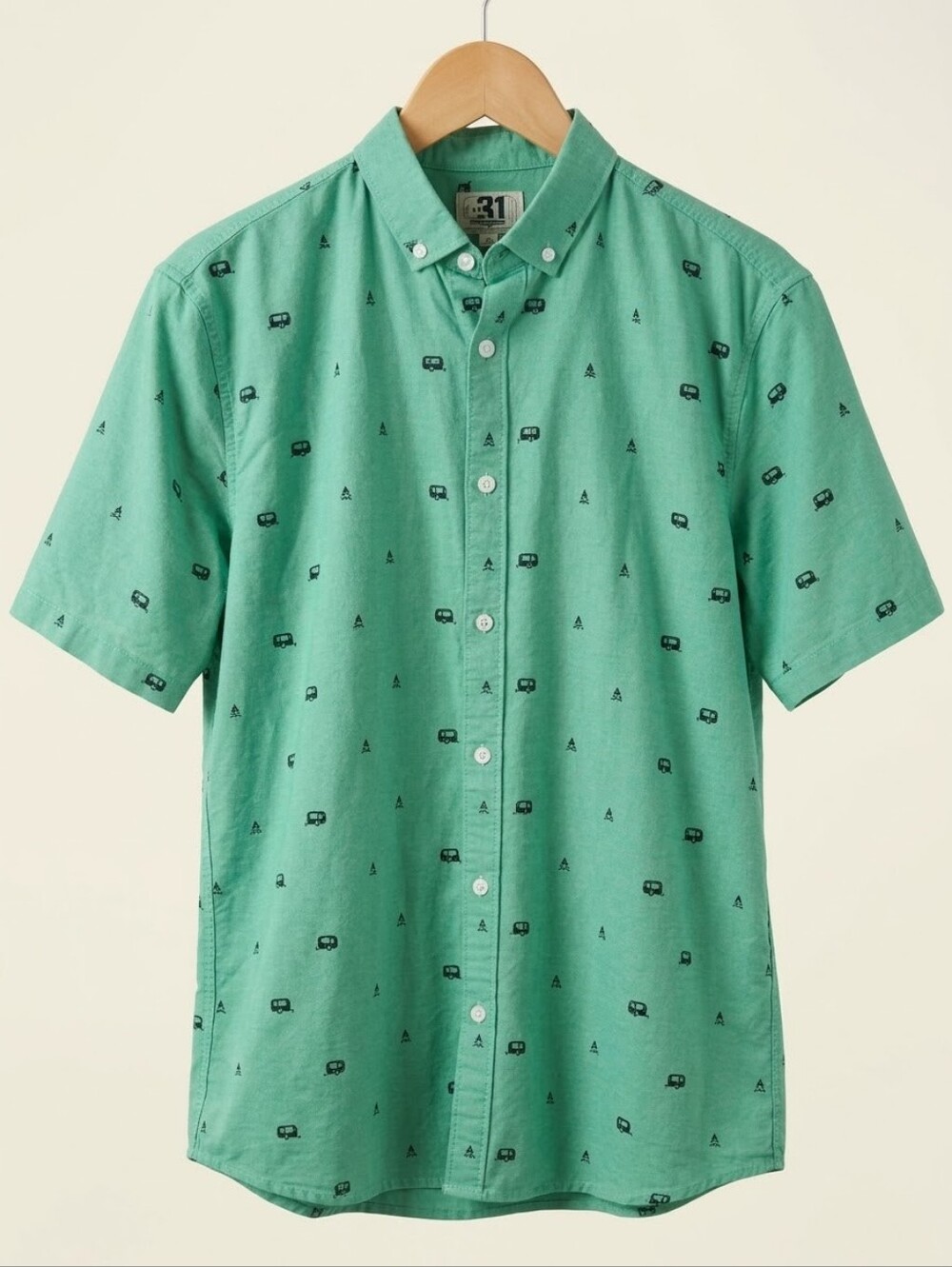 Simons Mint Green Short Sleeve Button-Down Shirt with Camper Print